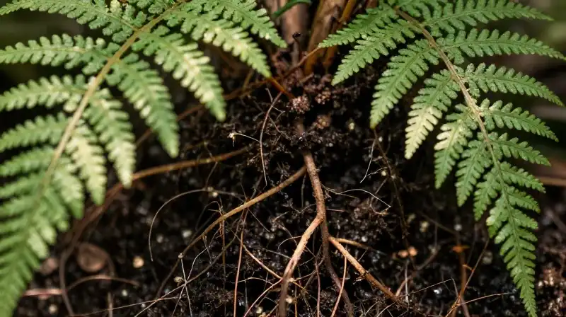 Wet soil cradles delicate lace ferns in gentle sunlight