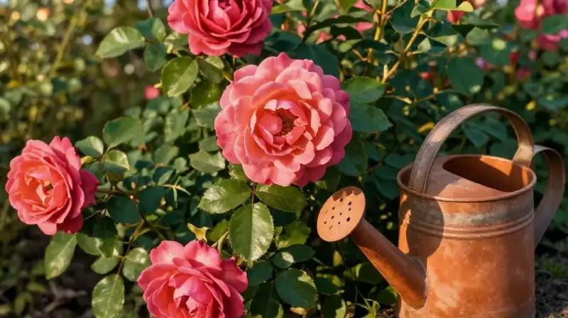 A vibrant rose blooms in warm, dappled golden hour light