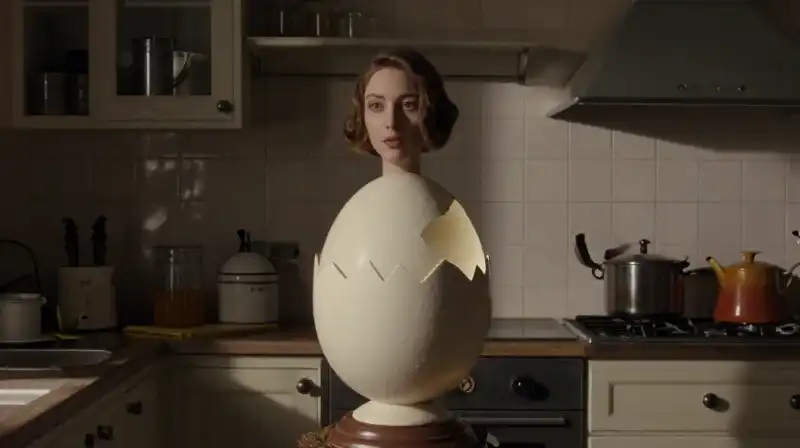 An ethereal figure stands in a dramatically lit vintage kitchen