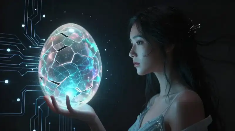 Ethereal lady floats near a glowing cracked egg in a dark void