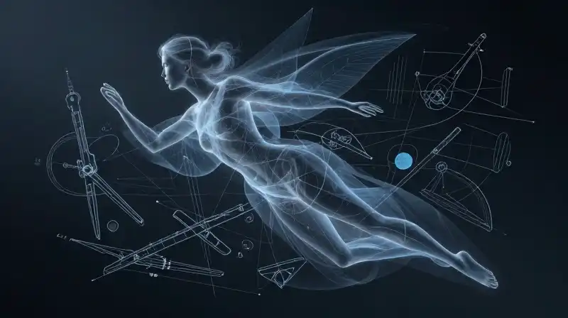 Ethereal figure floating with blueprints and intricate mechanical drafting tools