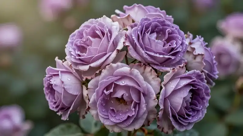 Variegated lavender roses covered in soft morning dew