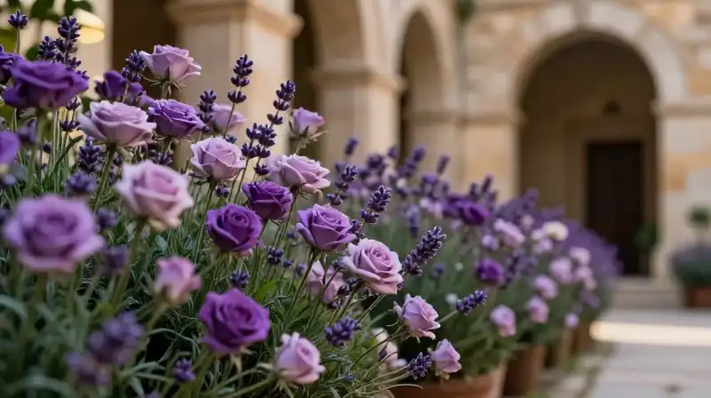 Lavender rose clusters grace an ancient stone arch in golden light