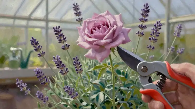 A sunlit greenhouse holds a lavender rose closeup with tools and water