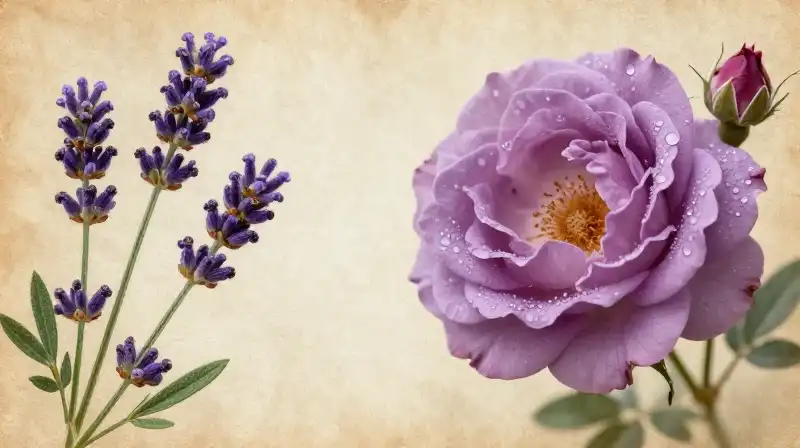 Dewy lavender roses glow on vintage parchment