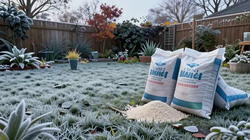 Frost-covered grass and bags of fertilizer sit in a cool autumn garden