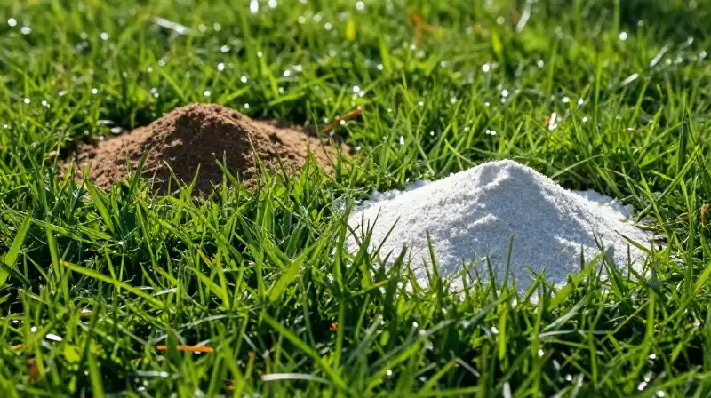 Vibrant lawn patches contrast with fertilizer under low winter sun