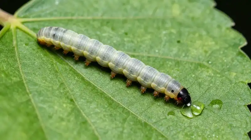 Larva and droplet appear on a textured green leaf in sharp detail