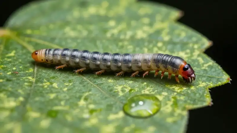 A hyperdetailed larva rests upon a mottled green leaf drop