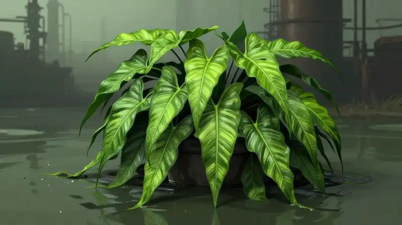 A bright green, drooping philodendron thrives in murky, industrial pollution