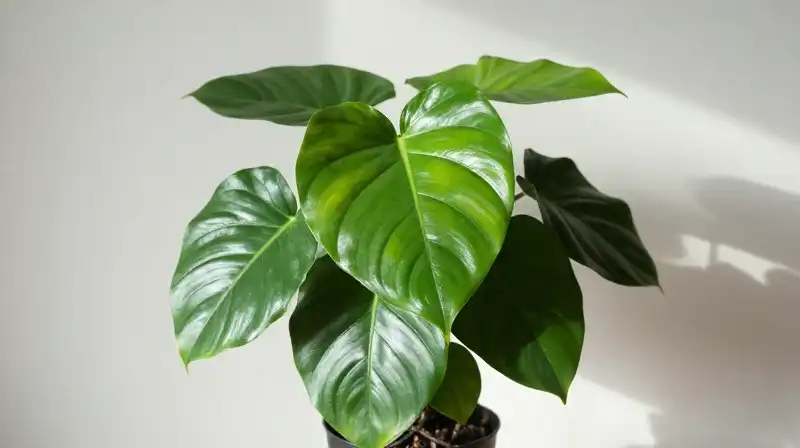 Vibrant green philodendron bathed in gentle morning sunlight in a minimalist setting