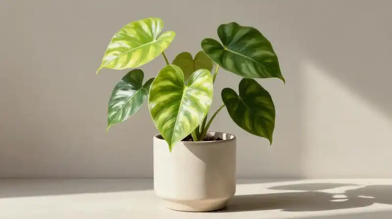 A vibrant lemon lime philodendron sits in a minimalist pot under dappled light