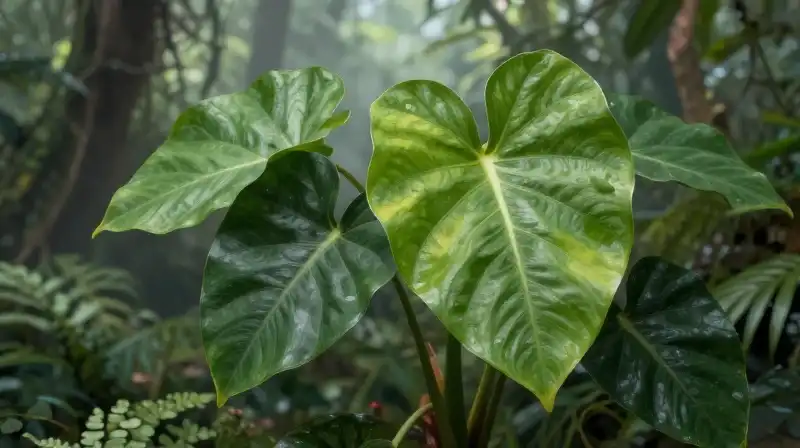 Lush green philodendrons thrive in a soft, misty jungle