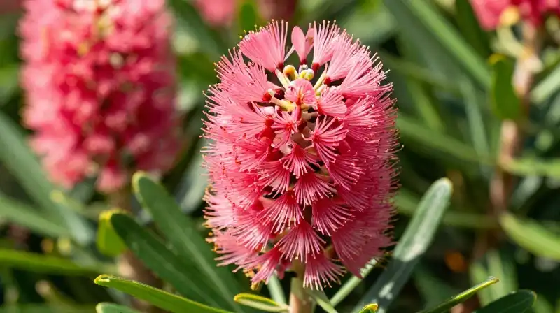 Vibrant pink leucadendron blooms pop against lush green foliage in bright sunlight