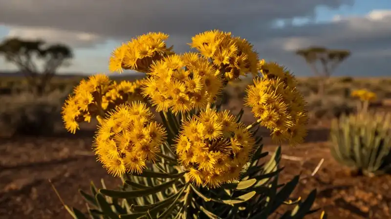 Detailed Leucadendron blooms glow in the arid golden sunlight