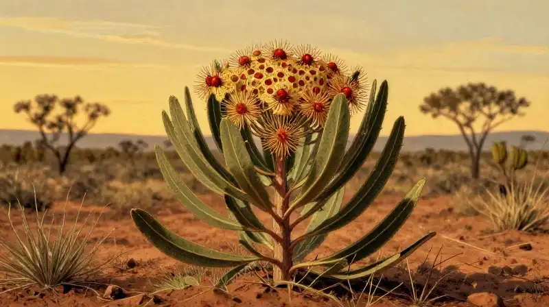 Detailed Leucadendron sketch in an arid, golden biome