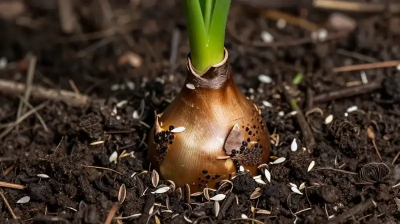 A bulb rests in textured, damp earth beneath dappled sunlight