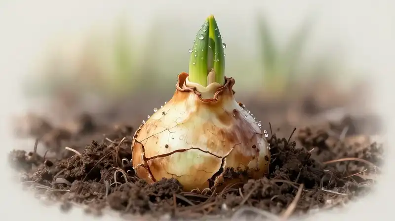 A delicate green shoot emerges from moist, cracked earth