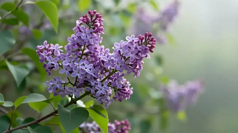 Luminous purple blossoms thrive in a misty, verdant garden