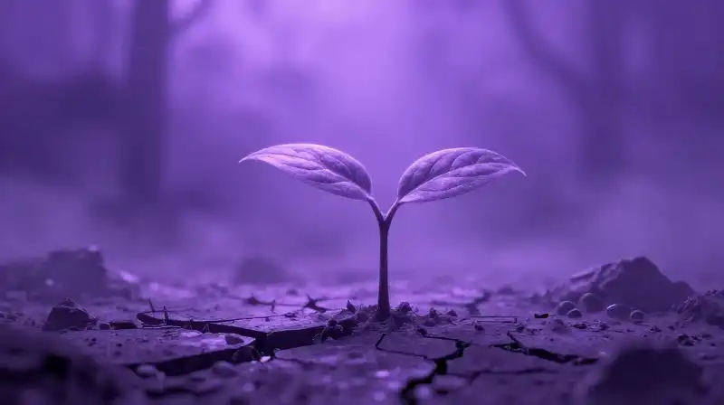 A glowing sapling rises from a fractured earth in ethereal violet mist