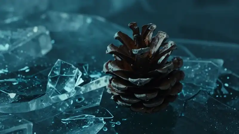 A weathered cone rests on fragmented ice within deep teal waters