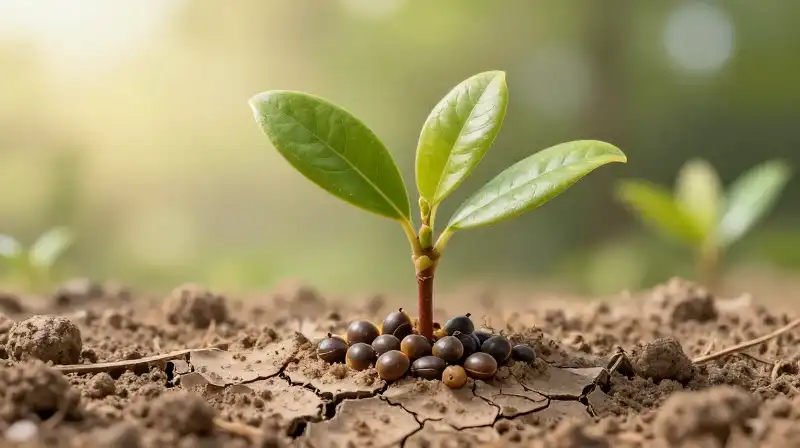 Delicate sprouts emerge from cracked earth under soft golden sunlight