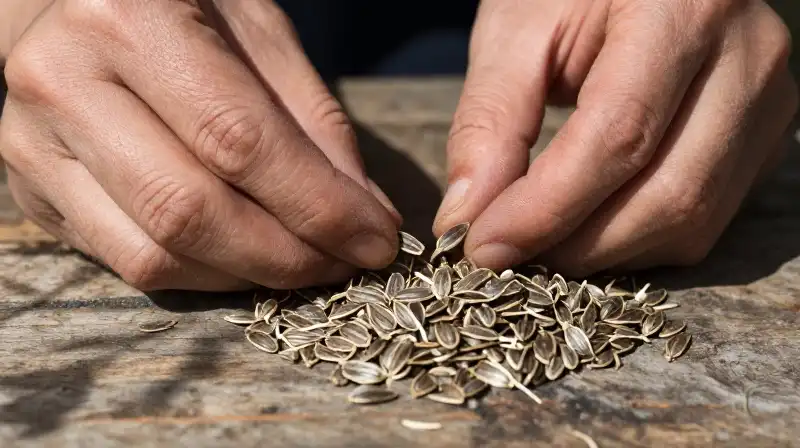 Weathered hands sort textured seeds on rustic wood under dappled sunlight
