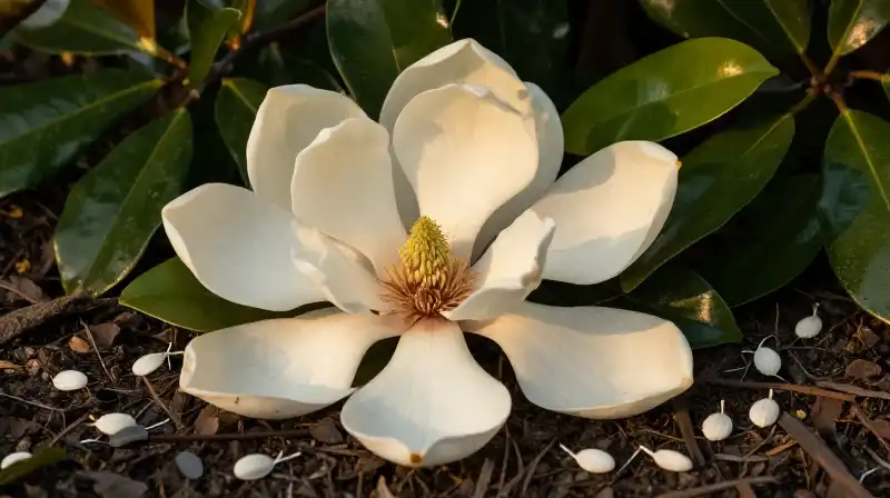 Golden magnolia sits on wet soil amid dense green foliage