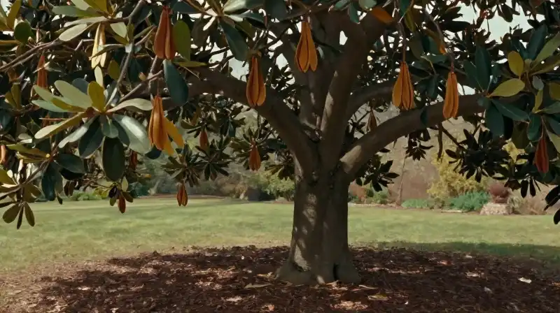 Magnolia pods ripen under soft sunlight in fertile soil