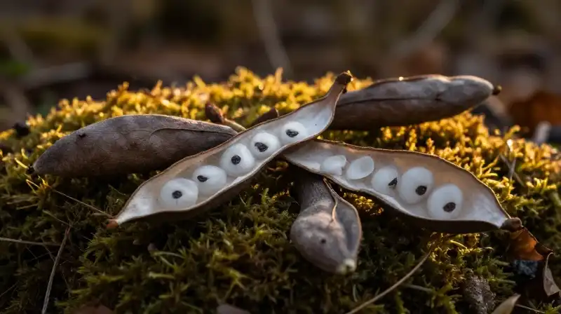 White magnolia pods with exposed seeds rest on a dark forest floor