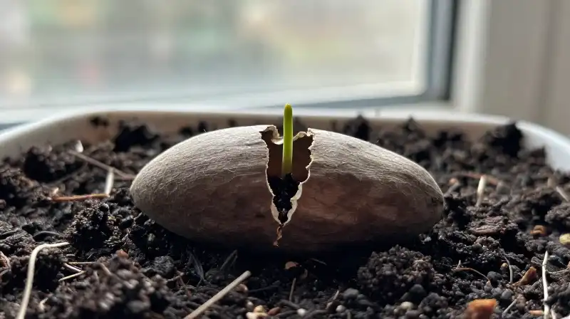 Small green sprout pushes from a dark, cracking pod