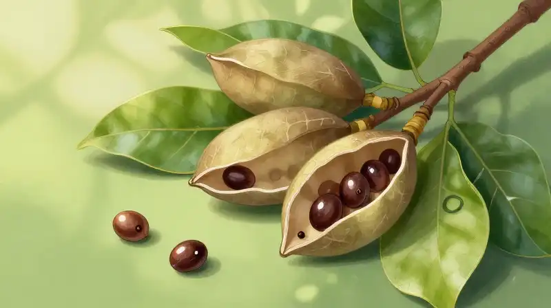 Glossy seeds scatter through lush, sun-dappled green magnolia foliage