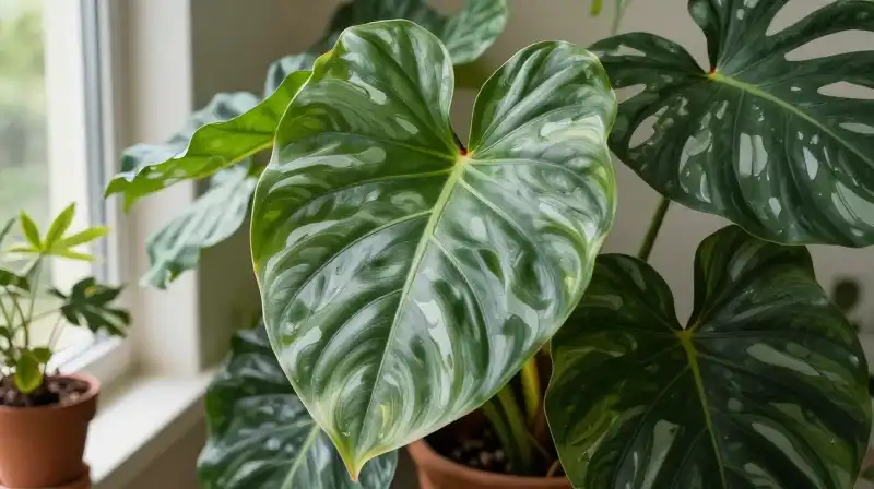 Vibrant green philodendron fills a sunlit, verdant indoor space