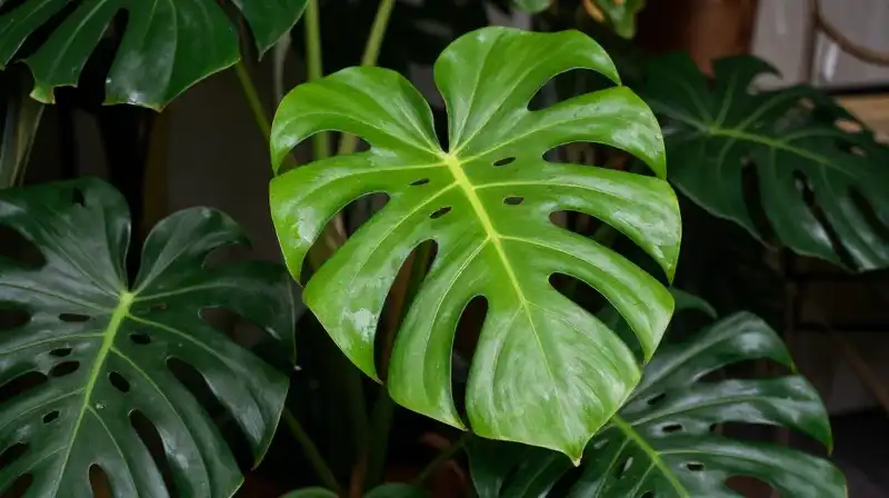 Vibrant green philodendron leaves fill a lush, sunlit tropical indoor jungle