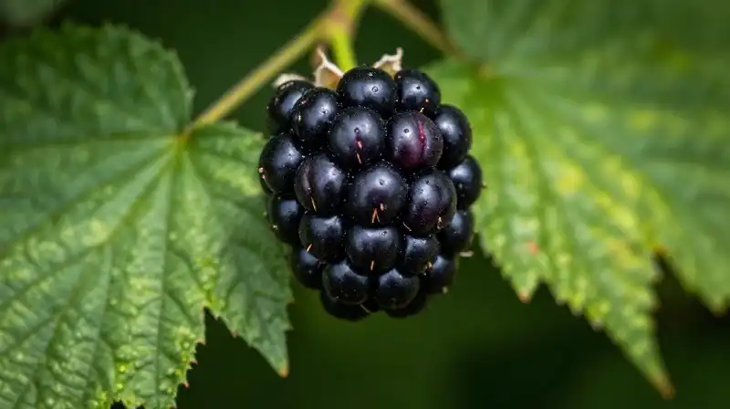A close-up of ripe marionberries against lush green leaves in dappled forest light