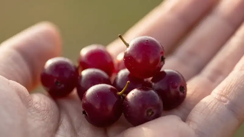 A hand carefully selects a ripe, reddish-maroon berry under soft golden light