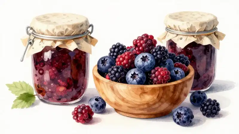 Vibrant marionberries in rustic bowls and glass jars sit under soft light
