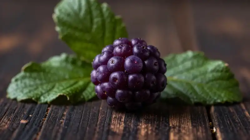 Deep purple berries glow on a dark, rustic wood surface