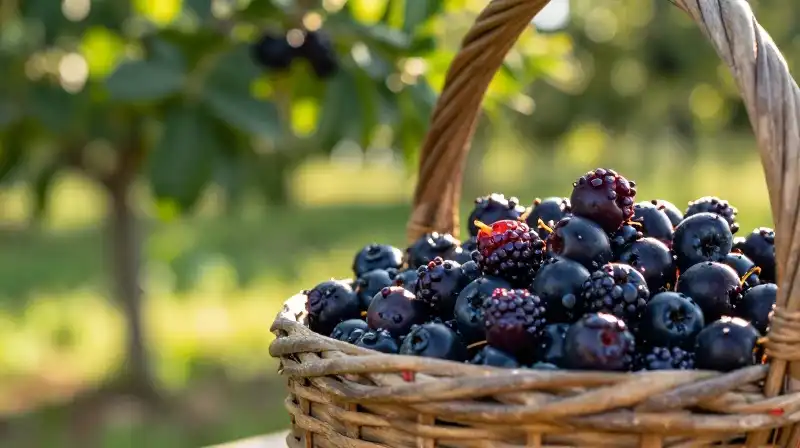 Berries in a rustic basket bathed in golden orchard light