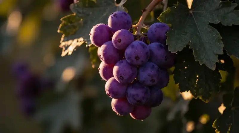 Vibrant purple berries glow from the dark foliage at golden hour