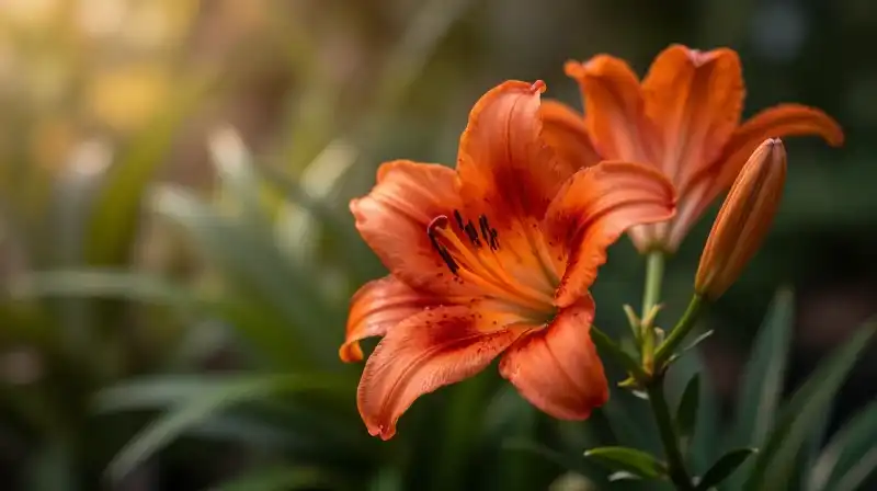 A glowing, ornate purple and gold lily blooms amidst lush garden foliage