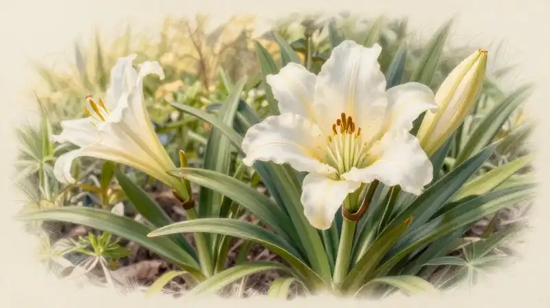Golden, intricate Lilium Martagon blooms in a sun-drenched garden