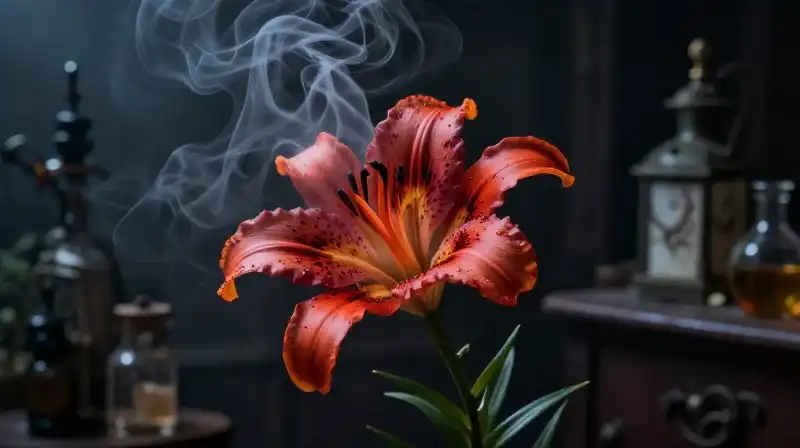 Vibrant lily swirls amidst dark vapor in an eerie apothecary