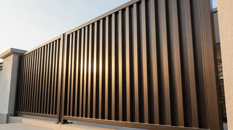 Geometric metal screen glows in a warm garden sunset