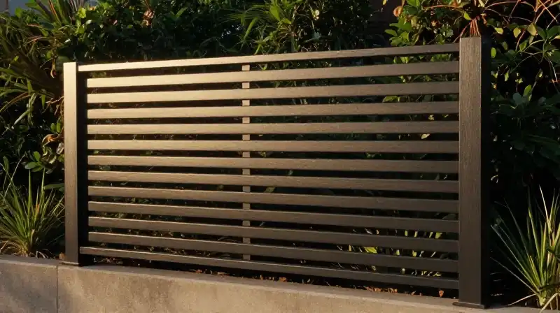 Polished metal screen framed by vibrant golden-hour foliage and lush greenery
