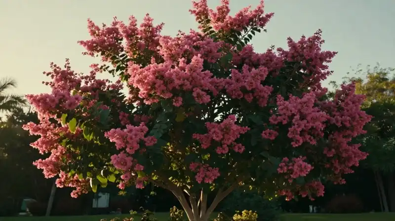 A tall crape myrtle with pink blooms glowing in a humid Miami garden