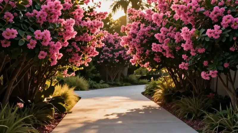 Vibrant pink Crape Myrtle blooms illuminate a sun-drenched Miami garden