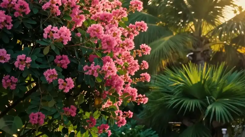 A fluffy pink crape myrtle blooms in a sunlit, lush garden