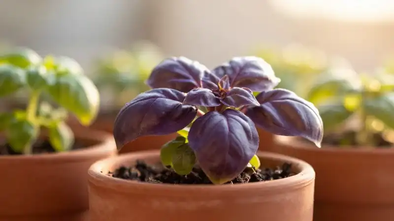 Vibrant micro basil clusters glow in golden hour light in terracotta pots