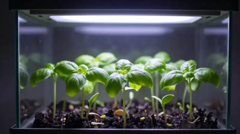 Vibrant micro basil seedlings thrive within a sophisticated glass terrarium